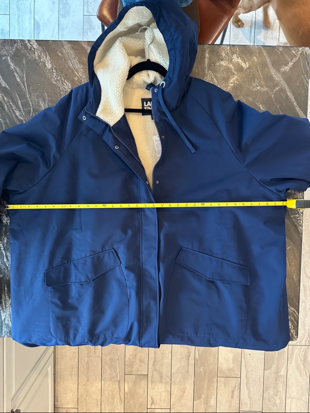 NWT XL Lands' End Navy Hooded Long Changing Coat with Cream Sherpa Lining - Picture 3 of 4